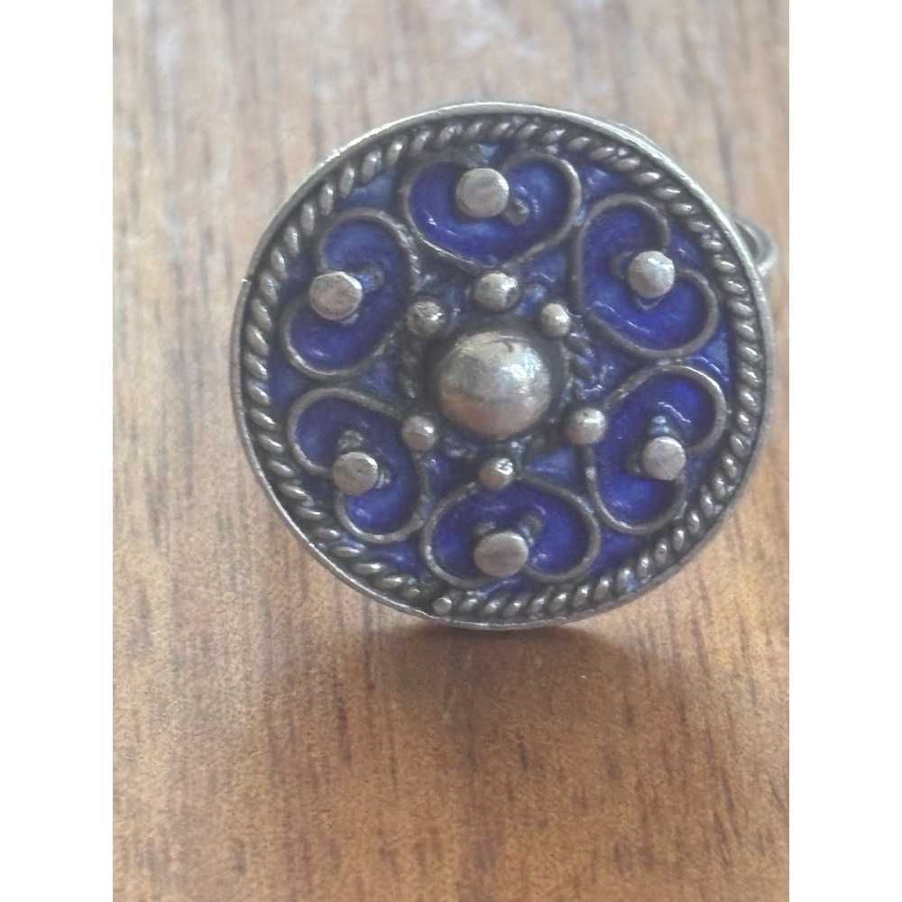 Vintage Sterling Silver Blue Enamel Scroll Disc Ring Size 8.5